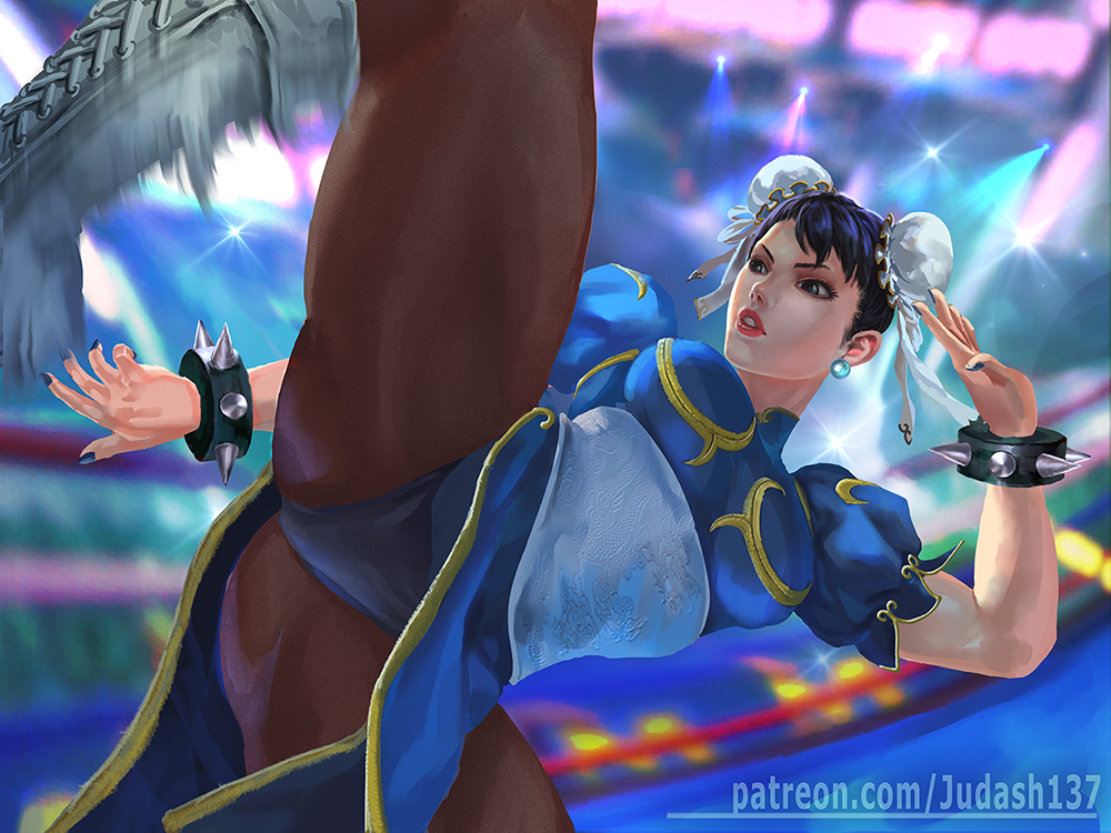 1girl armpits big_breasts black_hair bracelet breasts brown_legwear bun_cover capcom china_dress chinese_clothes chun-li collarbone double_bun dress earrings fantasy fighting_stance jewelry judash137 kicking light-skinned_female light_skin long_hair looking_at_viewer open_mouth parted_lips pelvic_curtain puffy_sleeves sash short_hair side_slit spiked_bracelet spikes street_fighter thick_thighs thighs toned upskirt