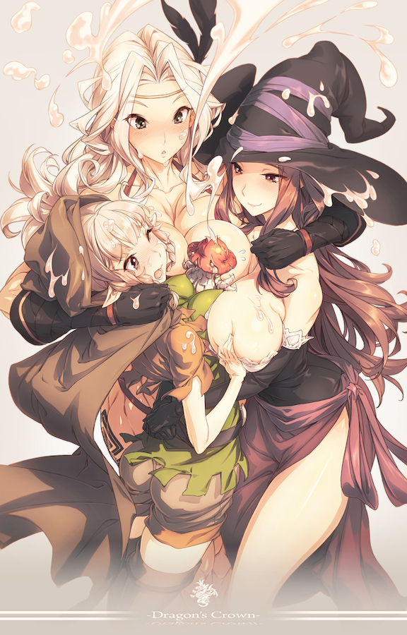 3_girls 3girls amazon_(dragon's_crown) amazon_(dragon's_crown) ass belt between_breasts big_breasts black_eyes black_gloves blonde_hair blush boots breast_grab breast_press breasts brown_eyes brown_hair brown_legwear circlet copyright_name dragon's_crown dragon's_crown elbow_gloves elf elf_(dragon's_crown) elf_(dragon's_crown) english feathers gloves grabbing group_hug hair_feathers hat hood hug hugging kyu-jin large_breasts liquid long_hair multiple_girls mushroom open_mouth pointy_ears sarong sexually_suggestive shorts side-tie_skirt simple_background smile sorceress_(dragon's_crown) sorceress_(dragon's_crown) stockings suggestive_fluid thigh_boots thigh_high_boots thighhighs title_drop witch_hat