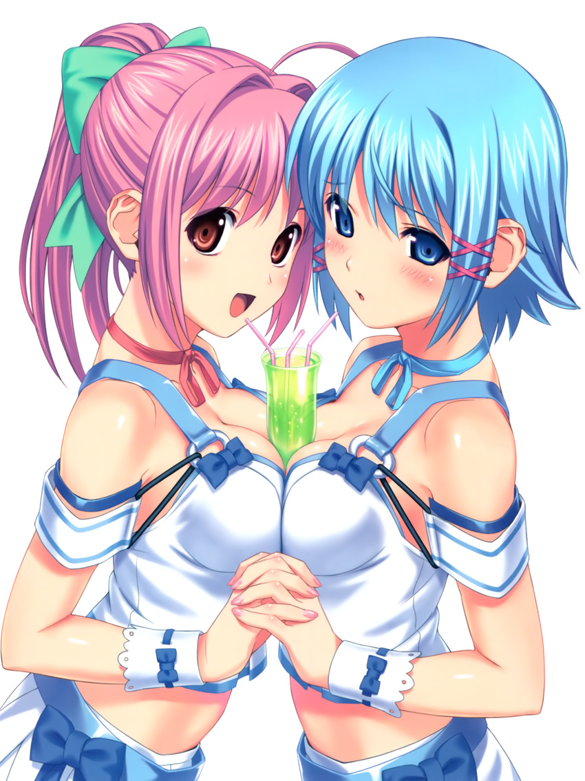 2_girls absurd_res between_breasts blue_eyes blue_hair blush bow breast_press breasts choker cleavage crop_top drink hair_bow high_res himuro_rikka hinata_hanabi holding_hands interlocked_fingers koutaro midriff multiple_girls nail_polish o-ring_top ponytail red_eyes red_hair sexually_suggestive simple_background straw symmetrical_docking tropical_kiss waitress white_background wrist_cuffs