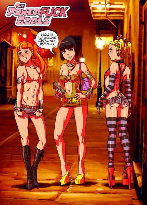 3girls aged_up black_hair black_high_heels blonde_hair blossom_(ppg) blue_eyes bob_cut bubbles_(ppg) buttercup_(ppg) cartoon_network english_dialogue english_text green_eyes grown_up high_heels looking_at_another money multiple_girls navel navel_piercing orange_hair outside parody powerpuff_girls prostitution red_bikini red_eyes red_hair red_high_heels siblings sisters small_breasts speech_bubble street street_lamp striped_legwear teen teenage_girl tekuho_(artist) tied_hair twintails uncomfortable yellow_high_heels