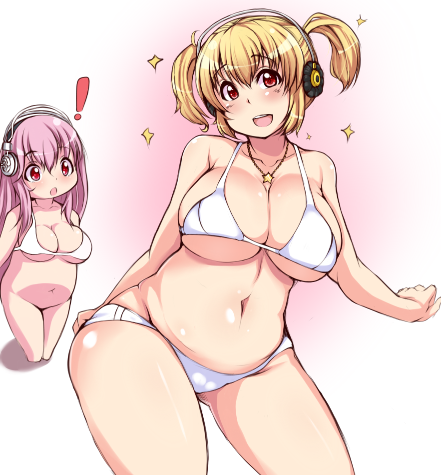 ! 2girls :d :o bad_id belly blonde_hair bra breasts chibi_inset chubby cleavage hair headphones huge_breasts jewelry long_hair midriff moisture_(chichi) multiple_girls navel necklace nitroplus open_mouth panties plump slightly_chubby smile sparkle super_pochaco super_sonico underwear underwear_only white_bra white_panties
