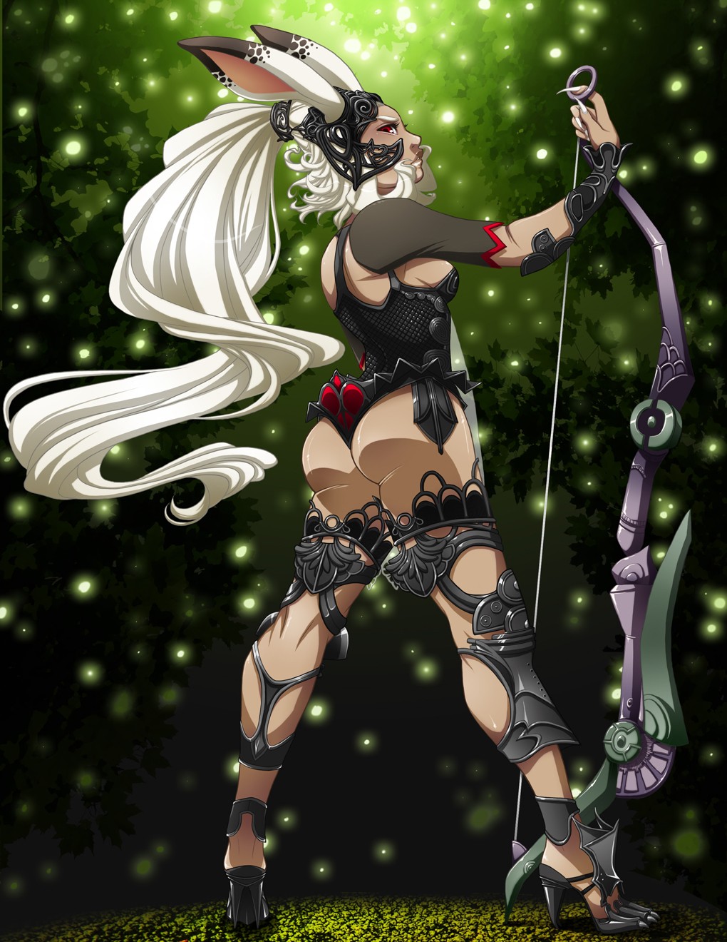 1girl animal_ears armor ass bow_(weapon) bracer breasts bunny_ears dark_skin final_fantasy final_fantasy_xii fingernails fran from_behind full_body greaves helmet high_heels highres lips long_fingernails long_hair nose planted_weapon red_eyes revealing_clothes scrunchie setsuna22 sharp_fingernails sideboob solo standing viera weapon white_hair