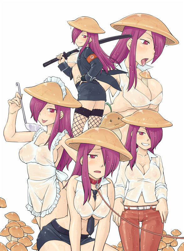 :p apron bare_shoulders belt between_breasts blush breast_squeeze breasts character_sheet cleavage collar copyright_request cum fishnet_legwear fishnet_stockings fishnets grin hair_over_one_eye hand_on_hip hands_in_pockets hat headdress hinemosu hinemosu_notari katana ladle leaning_forward leash legwear licking maid_headdress midriff mushroom mushroom_girl naked_apron navel necktie pants personification purple_hair see-through sexually_suggestive sheath sheathed sideboob sleeveless smile stockings sweat sword thigh_gap thighhighs thumbs_in_pockets tongue tongue_out underboob weapon wet