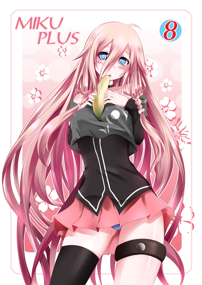 1girl ahoge banana between_breasts black_hair blue_eyes blue_panties blush braid breasts catstudio_(artist) cherry_blossoms female female_only food frame fruit hair_ribbon ia_(vocaloid) legband long_hair looking_at_viewer off_shoulder open_mouth panties pantyshot pantyshot_(standing) pink_hair ribbon sexually_suggestive shirt single_thighhigh skirt solo standing stockings thigh_strap thighhighs twin_braids underwear upskirt very_long_hair vocaloid