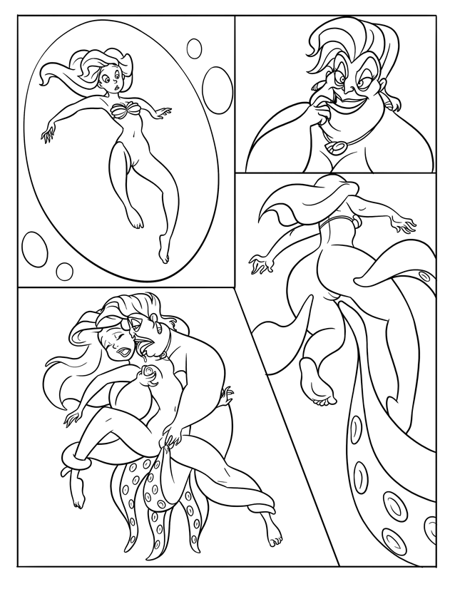 bottomless brainiacx breasts comic disney female human interspecies legs licking long_hair monochrome nude princess_ariel seashell_bra swimming tentacle the_little_mermaid ursula vaginal_penetration witch