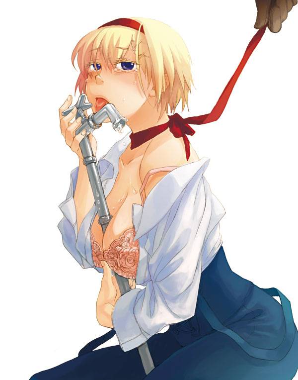 1girl axis_powers_hetalia bad_id between_breasts blonde_hair bra breasts cleavage colored_eyelashes eyelashes gacha-pinn126 hairband lace-trimmed_bra large_breasts lead_pipe leash licking lingerie off_shoulder open_clothes open_shirt purple_eyes ribbon saliva sexually_suggestive shirt short_hair simple_background solo strap_slip suspenders tears ukraine_(hetalia) underwear weapon white_background