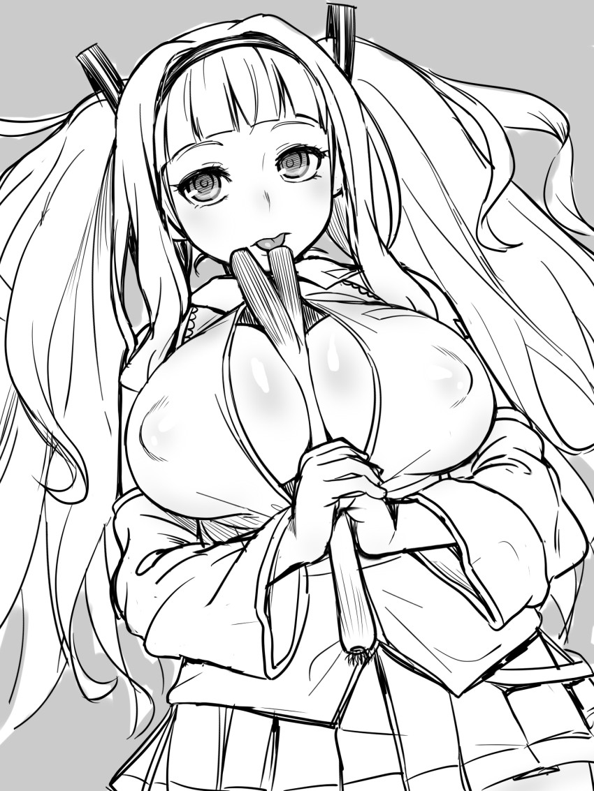 1girl aouma between_breasts breasts erect_nipples female food hair_ornament miku_hatsune high_res huge_breasts long_hair monochrome sexually_suggestive simple_background skirt solo spring_onion tongue twin_tails vocaloid