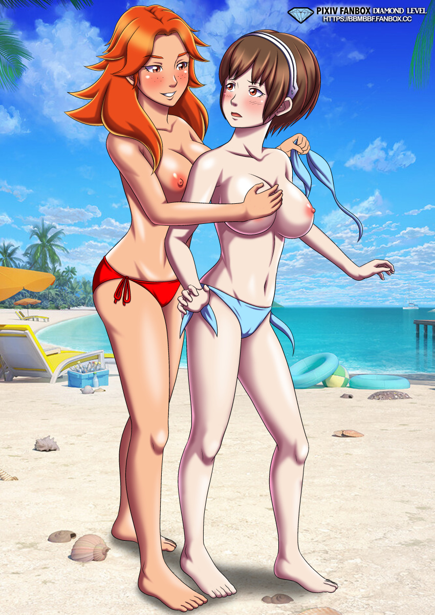 2_girls activision areola bbmbbf beach best_crossover big_breasts bikini blizzard_entertainment blue_panties blue_sky breasts brown_eyes brown_hair cloud clouds couple crossover emily_(overwatch) eye_contact godzilla:_city_on_the_edge_of_battle godzilla:_monster_planet godzilla:_the_planet_eater godzilla_(series) headgear hot_crossover long_hair looking_at_another looking_back nipples ocean orange_bikini orange_eyes orange_hair orange_panties overwatch palcomix pietro's_secret_club polygon_pictures sand short_hair smile standing surprised teeth toho_(film_company) tree yuko_tani yuri