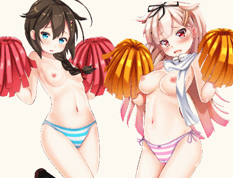 1girl 2_girls big_breasts blue_eyes bouncing_breasts breasts brown_hair ebi_193 gif kantai_collection multiple_girls nude panties pink_hair pom_poms red_eyes shigure_(kantai_collection) small_breasts striped_panties topless yuudachi_(kantai_collection)