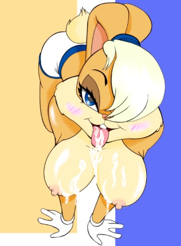 1girl 1girl after_sex all_fours animal_tail anthro areola ass big_breasts blue_eyes breasts brown_skin bunny_ears cum cum_on_breasts cum_on_tongue cumshot eyelashes furry gloves hair_over_one_eye hips lagomorph legs lola_bunny looking_at_viewer looney_tunes mammal nipples open_mouth rabbit sexy shorts slut tail thighs tongue topless warner_brothers white_gloves white_hair