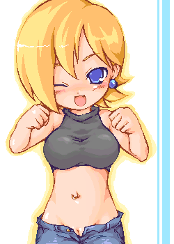 1girl ;d bemani big_breasts blonde_hair blue_eyes blush breasts chabo_(fuketsudan) crop_top denim earring fang female halter_top halterneck happy jeans jewelry judy_(pop'n_music) lowres navel navel_piercing no_panties one_eye_closed open_fly open_mouth pants piercing pop'n_music pussy short_hair smile solo unbuttoned uncensored unzipped wink yamaika