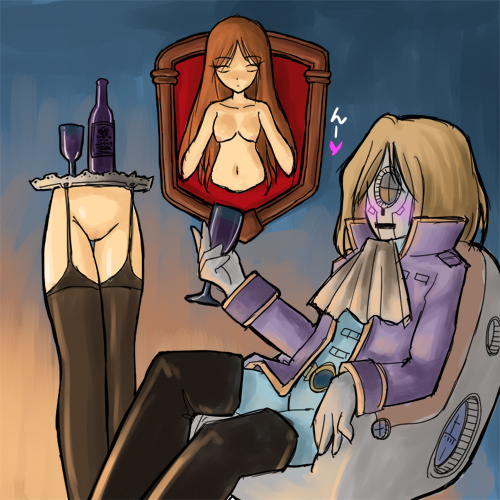 count_mecha galaxy_express_999 mounted_trophy nude_female robot table tetsuro's_mom wine