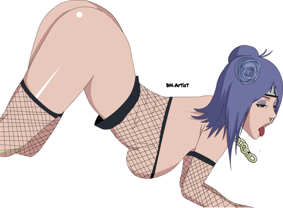 1girl ass breasts brown_eyes chain eyeshadow fishnet hair_flower hair_ornament konan naruto purple_hair simple_background solo tongue tongue_out white_background