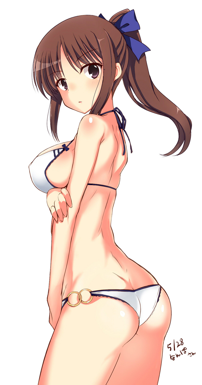 1girl :o ass bare_shoulders big_breasts bikini body_blush breast_hold breasts brown_eyes brown_hair cowboy_shot dated halterneck high_res highres itamochi large_breasts looking_at_viewer nanpo_kazue o-ring_bottom parted_lips ponytail saki_(series) saki_achiga-hen shiny shiny_skin sideboob simple_background skindentation solo swimsuit white_background white_bikini white_swimsuit