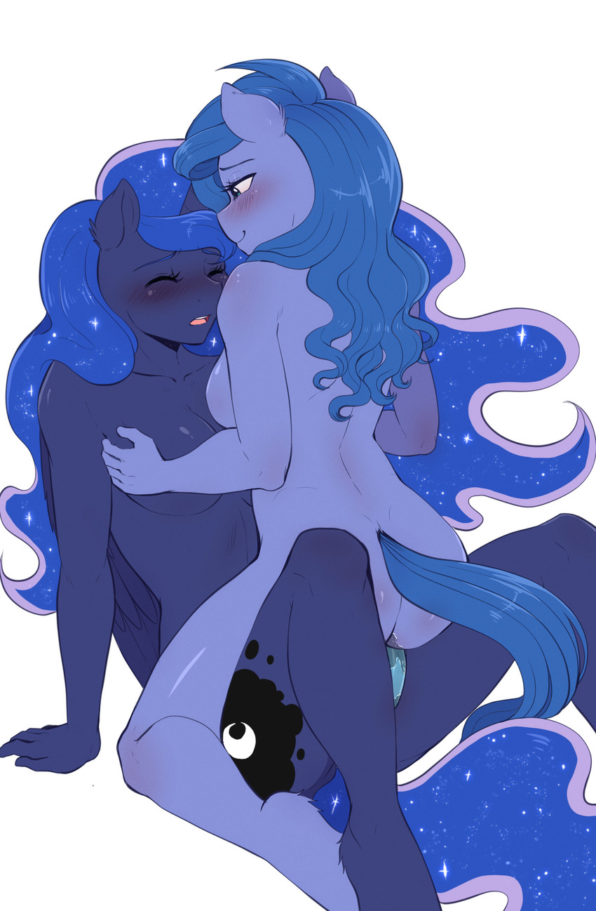 1girl ambiguous_penetration anthro anthro_on_anthro anthrofied blue_body blue_eyes blue_fur blue_hair blush breasts closed_eyes cosmic_hair cutie_mark dildo double_dildo duo equid equine ethereal_hair evomanaphy female/female friendship_is_magic fur furry hair hand_on_breast hasbro high_res horse mammal my_little_pony open_mouth penetration pony princess_luna_(mlp) pseudo_hair sex sex_toy simple_background smile white_background