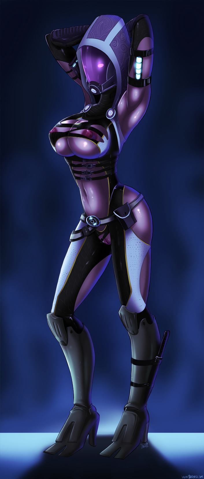 2013 alien arms_up big_breasts breasts clothed clothing female glowing_eyes hood mask mass_effect nipples plain_background pose purple_skin pussy quarian shadman solo tali'zorah_nar_rayya tight_clothing torn_clothing video_games