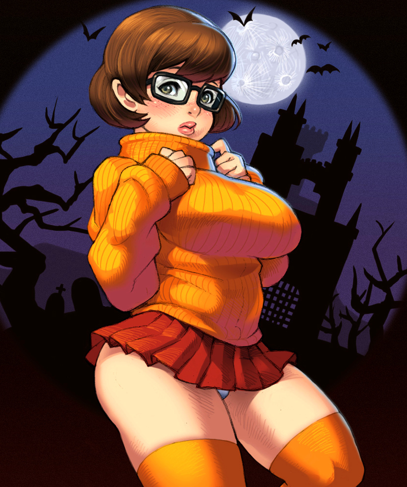1girl big_breasts breasts curvy female female_only large_breasts scooby-doo solo stockings sweater thick_thighs thigh_highs underwear velma_dinkley voluptuous wide_hips