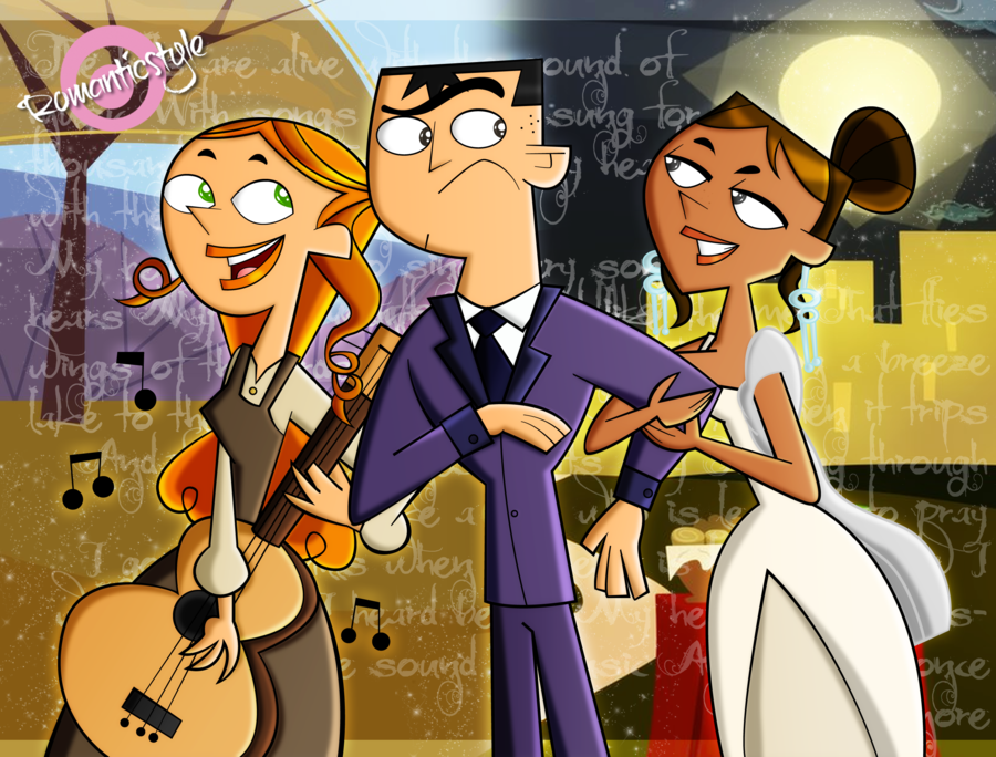 breasts brick_(tdi) brown_hair brown_skin cartoon_network courtney_(tdi) curly_hair green_eyes guitar hourglass_figure izzy_(tdi) latina musical_note orange_hair romanticstyle_(artist) teeth thick_ass thick_legs thick_thighs total_drama_island wedding_dress