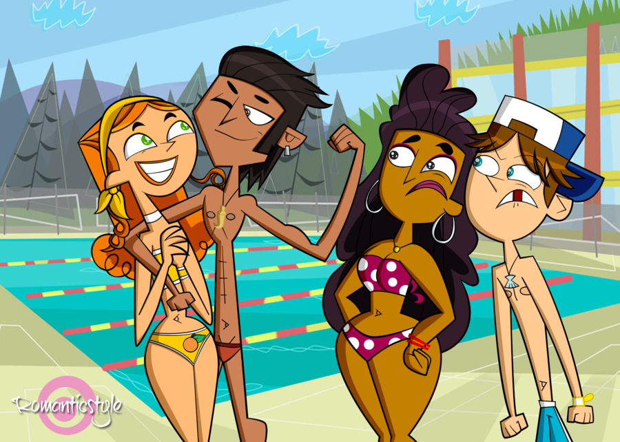 anne_maria_(tdi) blue_eyes breasts brown_hair cartoon_network cody_(tdi) curly_hair green_eyes hourglass_figure izzy_(tdi) mike_(tdi) navel orange_hair romanticstyle_(artist) teeth thick_ass thick_legs thick_thighs total_drama_island