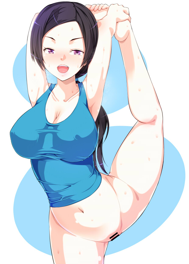 1girl amasora_taichi barefoot big_breasts black_hair bottomless breasts long_hair no_panties ponytail stretch super_smash_bros. wii_fit wii_fit_trainer