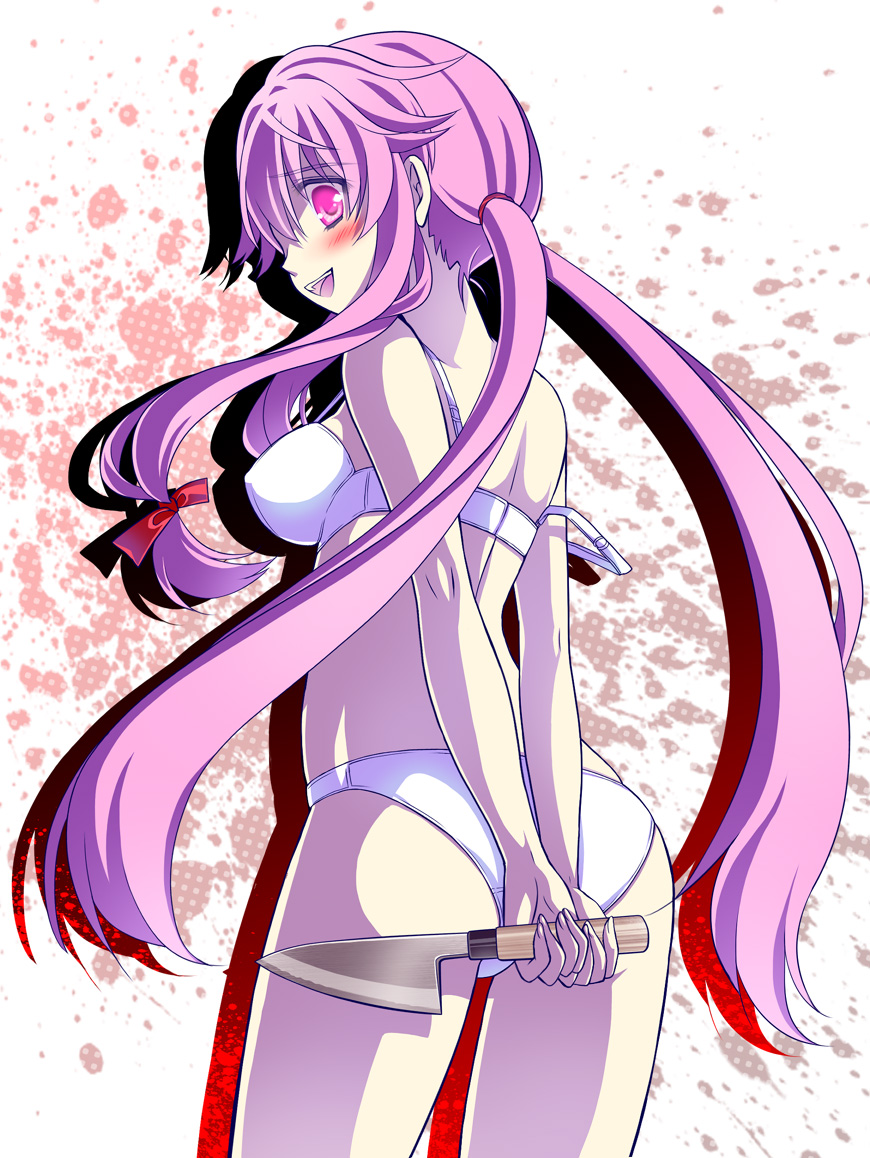 1girl ass blush bow bra breasts from_behind gasai_yuno hair_bow hana_(apple_water) knife lingerie long_hair looking_back mirai_nikki open_mouth panties pink_eyes pink_hair smile solo strap_slip twin_tails twintails underwear underwear_only very_long_hair weapon white_bra white_panties yandere yuno_gasai