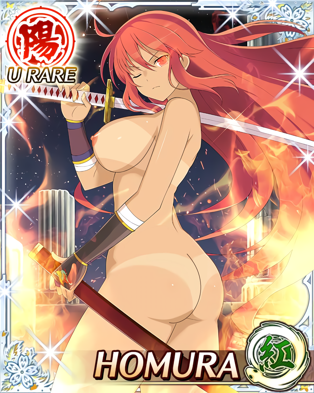 1girl 1girl 1girl ;( ahoge alternative_hair_color alternative_hair_length alternative_hairstyle ass aura bandages bare_shoulders big_breasts breasts card_(medium) character_name cleavage completely_nude dark_skin emblem fire flat_ass fundoshi high_resolution homura_(senran_kagura) huge_breasts lingerie long_hair looking_at_viewer nipples nude nude_female nude_filter one_eye_closed over_shoulder pose red_eyes red_hair sarashi senran_kagura senran_kagura:_new_wave sheath sword sword_over_shoulder tan_line tanned third-party_edit underwear unsheathed wafuku weapon weapon_over_shoulder yaegashi_nan
