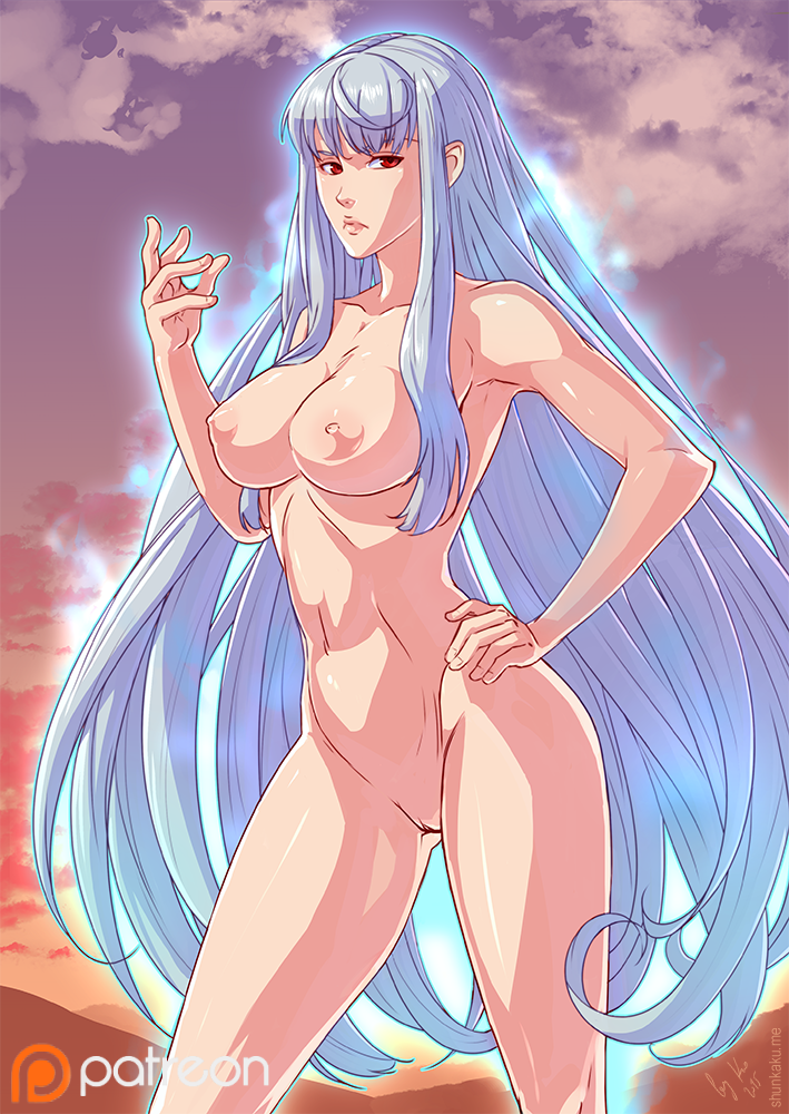 1girl armpits breasts clavicle cleavage closed_mouth cloud completely_nude completely_nude_female female_only female_solo glowing glowing_body hand_on_hip hand_up lips long_hair looking_at_viewer navel neck nipples nude outside pussy red_eyes sega selvaria_bles serious shunkaku silver_hair sky solo_female standing sunset valkyria_chronicles very_long_hair
