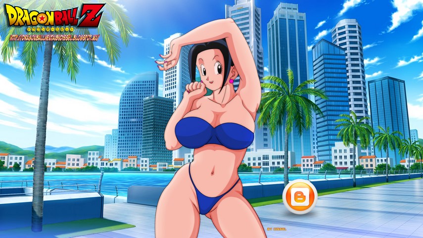 big_breasts bikini blue_bikini chichi dissel dragon_ball_z looking_at_viewer pose public sexy