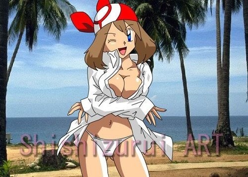 alluring beach big_breasts bikini breasts haruka_(pokemon) jacket kageta looking_at_viewer may panties pokemon shishizurui_art shishizurui_art_(artist) white_jacket wink