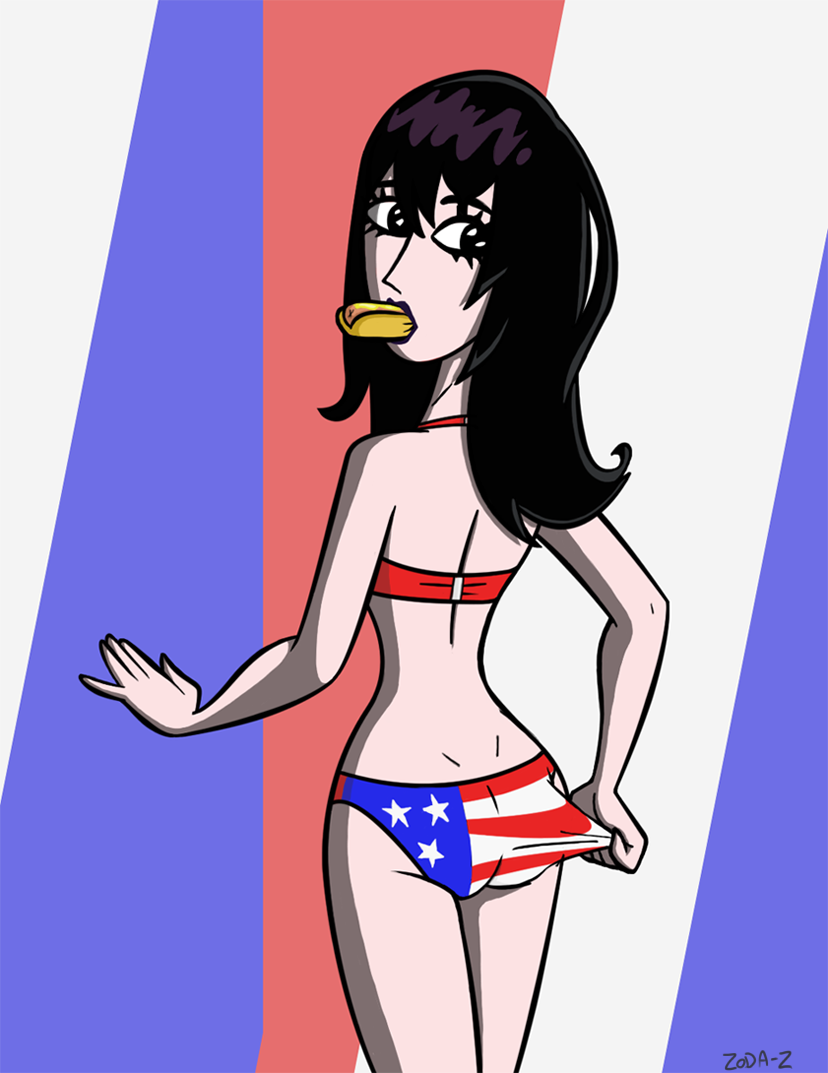 4th_of_july american_flag_bikini bikini bikini_pull black_eyes black_hair food hot_dog kristin_(sym-bionic_titan) long_hair looking_back looking_down print_bikini solo sym-bionic_titan zoda-x_(artist)
