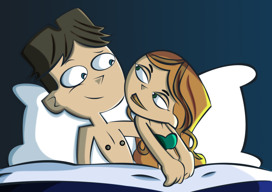 1boy 1girl breasts cartoon_network cody_(tdi) curly_hair eyebrows green_eyes hourglass_figure izzy_(tdi) nipples orange_hair pillow thick_ass thick_legs thick_thighs total_drama_island