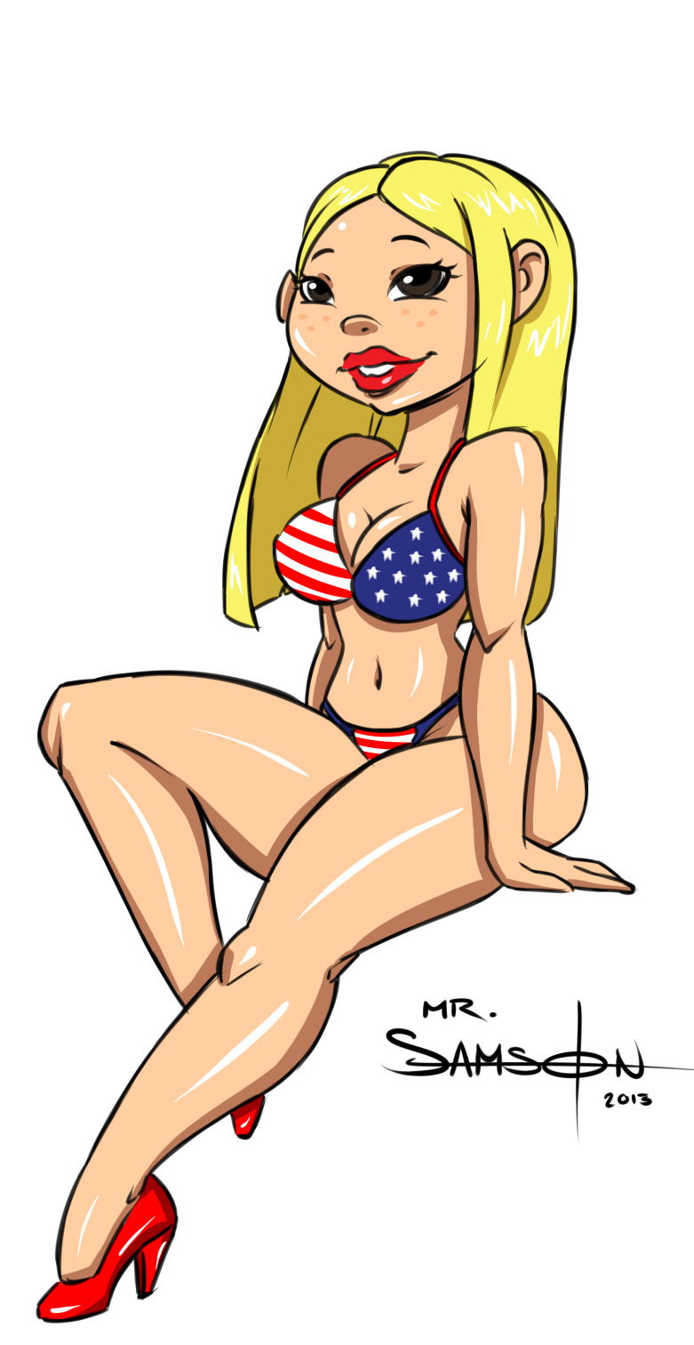 2013 4th_of_july american_flag_bikini bikini black_eyes blonde_hair breasts cleavage ed,_edd,_'n'_eddy freckles high_heels kanker_sisters lipstick long_hair may_kanker print_bikini red_lipstick shiny shiny_skin solo