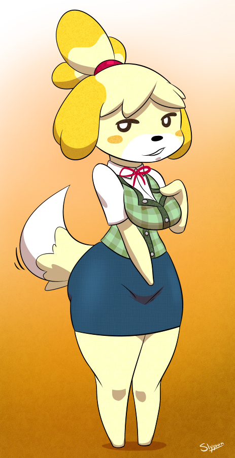 animal_crossing anthro blush canine cute dog female isabelle_(animal_crossing) looking_at_viewer nintendo slypon smile two_tone_hair video_games