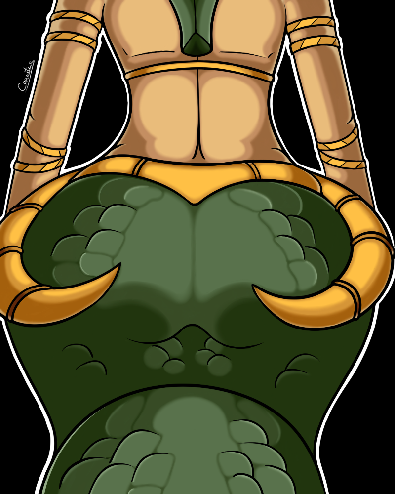 artist_name ass big_ass black_background bra bracelet canastus cassiopeia jewelry lamia league_of_legends monster monster_girl plain_background reptile scales scalie snake underwear