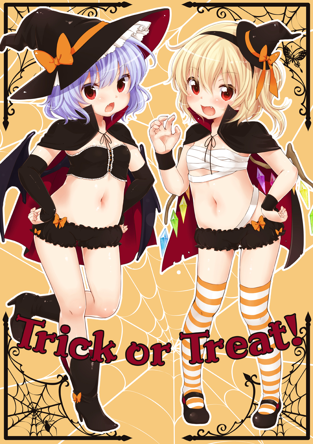 2girls :d :o alternate_costume asymmetrical_hair bandage bandages bat_wings blonde_hair bloomers blue_hair blush boots cape cover cover_page elbow_gloves english fang female flandre_scarlet flat_chest gloves hair hairband halloween hands_on_hips hat hat_ribbon headgear highres looking_at_viewer mary_janes multiple_girls navel open_mouth red_eyes remilia_scarlet ribbon sarashi shoes siblings side_ponytail silk sisters small_breasts smile spider spider_web stockings striped striped_legwear thighhighs touhou trick_or_treat underwear wings witch_hat yukiu_kon