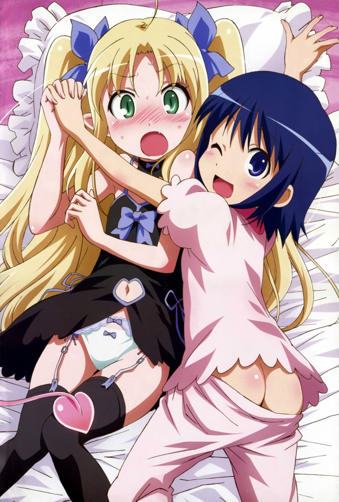 2_girls absurd_res ahoge ass astarotte_ygvar black_legwear blonde_hair blue_eyes blue_hair blush bow butt_crack fang green_eyes hair_bow high_res long_hair looking_back lotte_no_omocha! lying mouth_hold multiple_girls navel navel_cutout no_panties nyantype official_art on_back on_side open_mouth pajamas panties pillow short_hair stockings tail touhara_asuha twin_tails underwear very_long_hair wink zettai_ryouiki