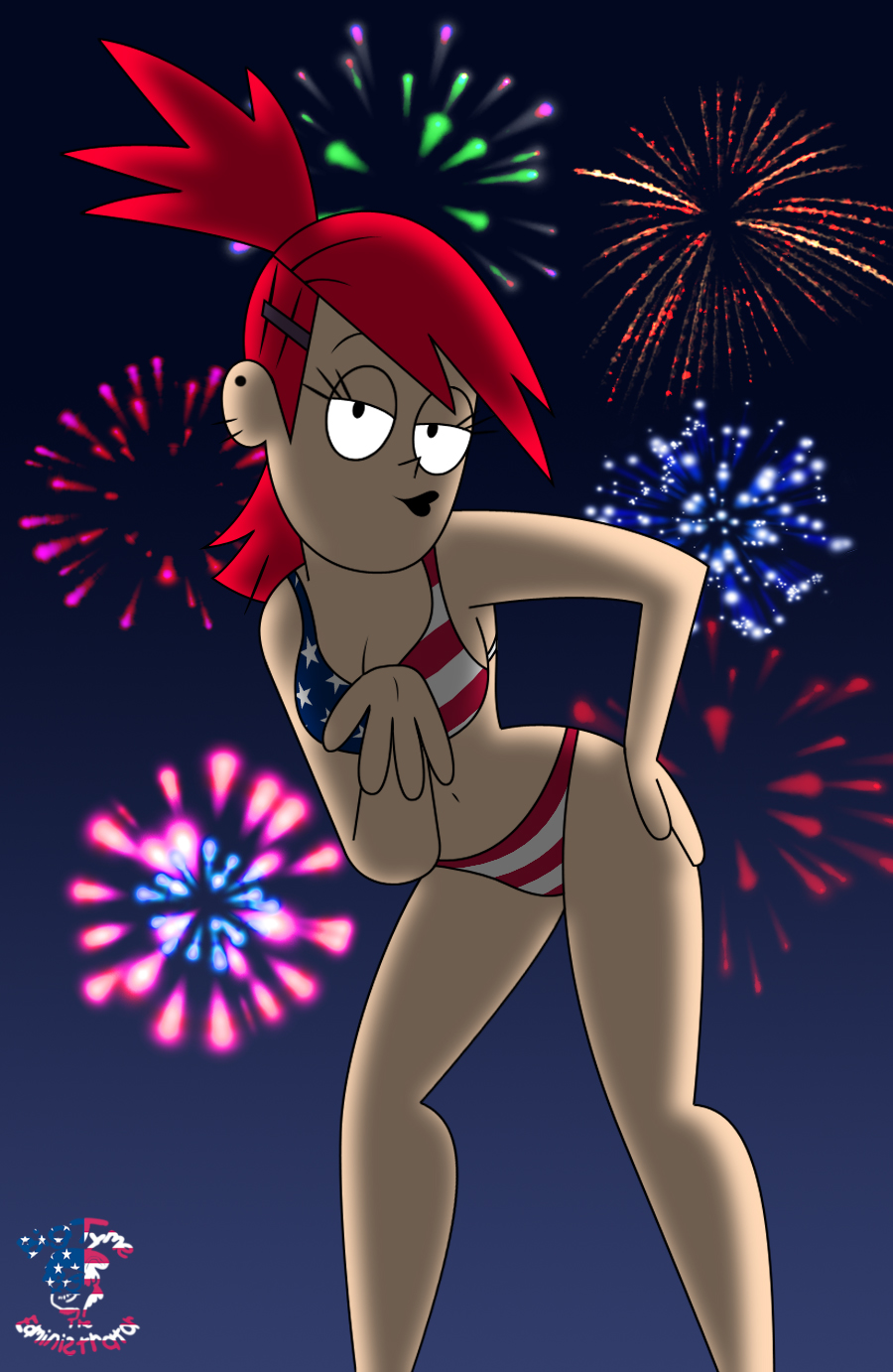 4th_of_july american_flag_bikini bigtyme bikini black_eyes breasts cleavage fireworks foster's_home_for_imaginary_friends frankie_foster ponytail print_bikini red_hair solo