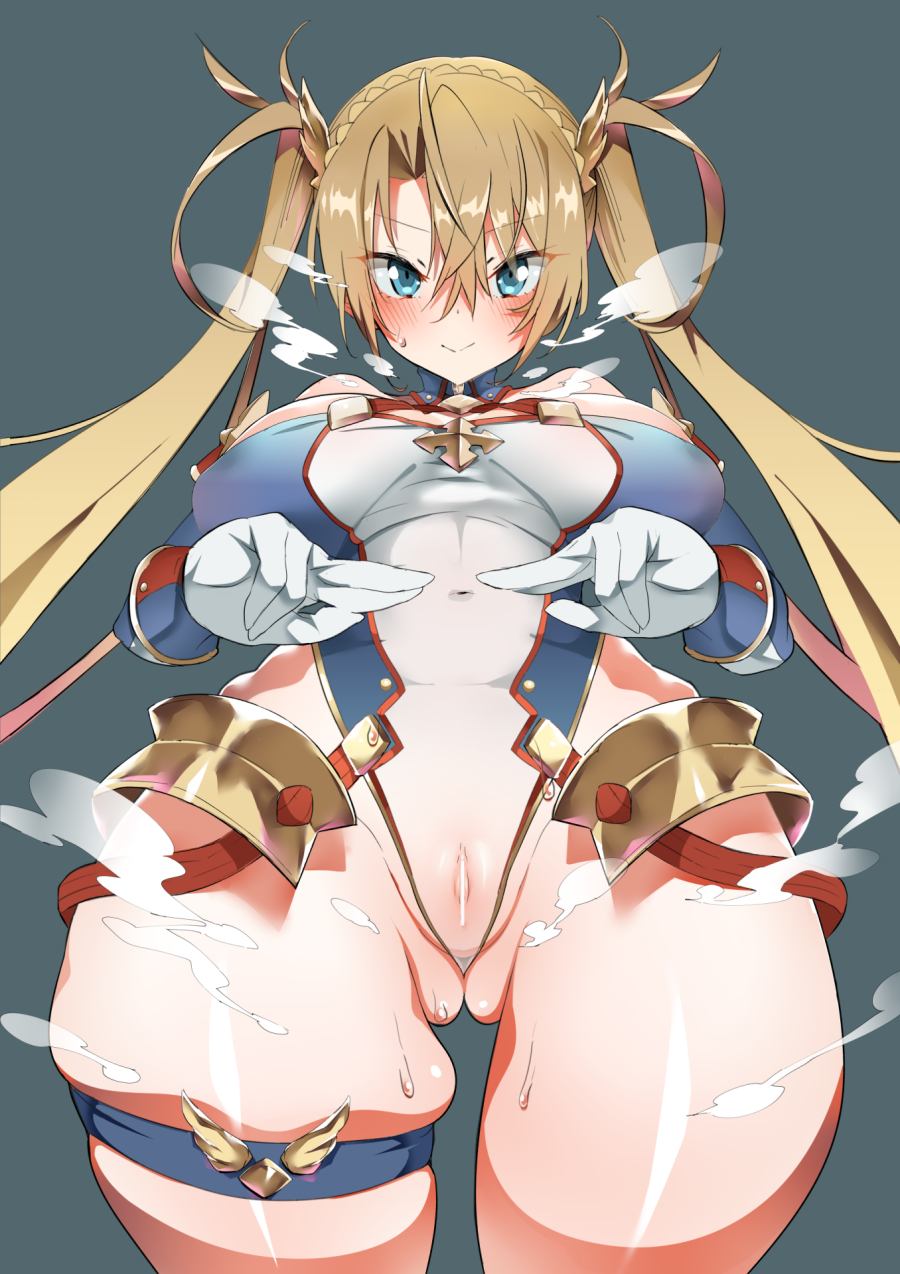 1girl 1girl 1girl armor ass bar_censor bare_shoulders big_breasts blonde_hair blue_background blue_eyes blush bradamante_(fate) braid breasts censored covered_navel detached_sleeves fate/grand_order fate_(series) female_only furau gloves hair_between_eyes high_res leotard looking_at_viewer partially_visible_vulva pussy see-through see-through_clothing see-through_panties simple_background smile sweatdrop tagme thick_thighs thigh_gap thigh_strap twin_tails video_game_character video_game_franchise wedgie white_gloves wide_hips