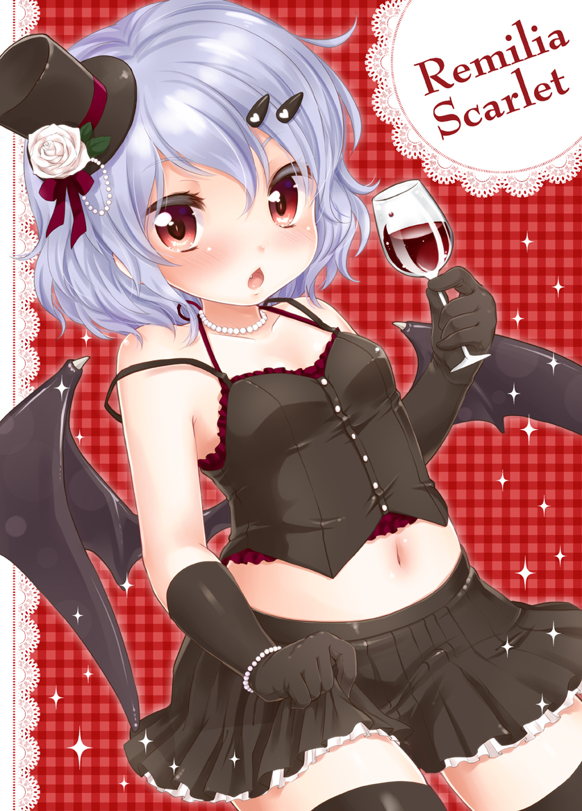 1girl alternate_costume bat_wings black_gloves black_legwear blue_hair blush bracelet bustier character_name cup drinking_glass elbow_gloves fang female glass gloves hair_ornament hairclip hat holding jewelry midriff mini_hat mini_top_hat navel open_mouth red_eyes remilia_scarlet short_hair skirt solo stockings strap_slip thighhighs top_hat touhou wine_glass wings yukiu_kon zettai_ryouiki