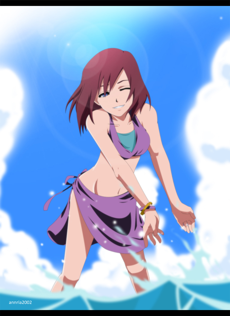 annria2002 blue_eyes breasts kairi kingdom_hearts red_hair solo swimsuit water wink