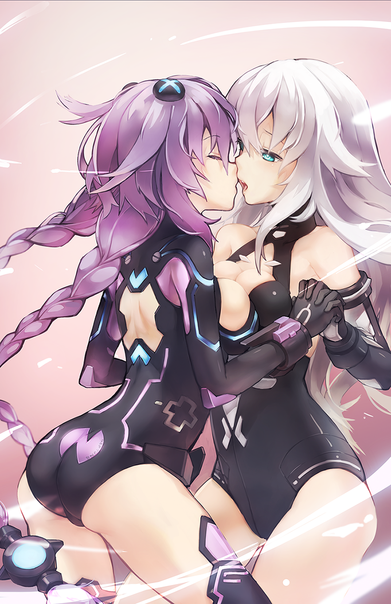 2girls aqua_eyes armlet ass back back_cutout bangs bare_shoulders big_breasts black_heart black_legwear blue_eyes blush bracer braid breast_press breasts choujigen_game_neptune cleavage cleavage_cutout closed_eyes clothes_writing compile_heart couple cowboy_shot elbow_gloves emblem english faulds flipped_hair from_side gebyy-terar gloves gradient gradient_background green_eyes hair hair_ornament half-closed_eyes halterneck hand_holding highres holding_hands idea_factory incipient_kiss interlocked_fingers kami_jigen_game_neptune_v kiss kissing large_breasts leotard long_hair magical_girl multiple_girls neon_trim neptune_(choujigen_game_neptune) neptune_(series) noire open_mouth power_symbol profile purple_hair purple_heart sideboob stockings symbol-shaped_pupils symmetrical_docking thighhighs turtleneck twin_braids very_long_hair white_hair yuri