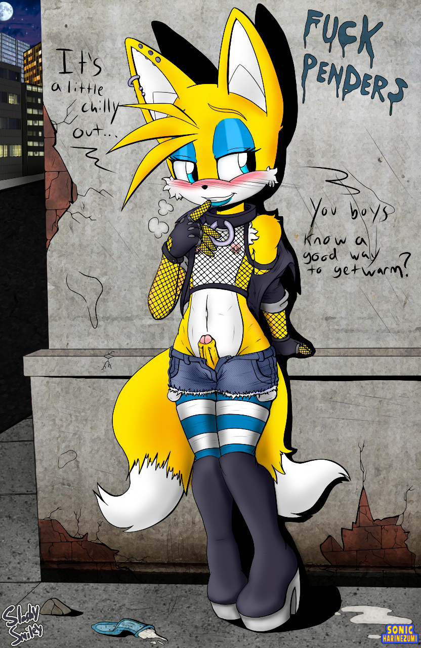 against_the_wall condom fishnet fishnet_top gay girly miles_"tails"_prower penis_out prostitution sega short shorts slashysmiley sonic_(series) used_condom