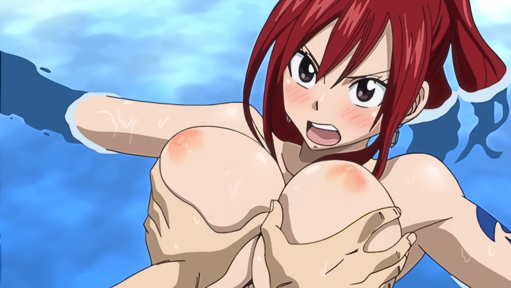 big_breasts blush breast_grab breasts edited erza_scarlet fairy_tail nipples nude nude_filter photoshop pool red_hair swimming swimming_pool tattoo water