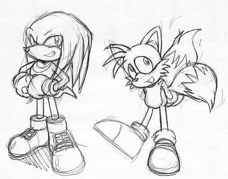 aku_tojyo black_and_white knuckles_the_echidna male miles_"tails"_prower monochrome multiple_tails sega sonic_(series) tail tojyo