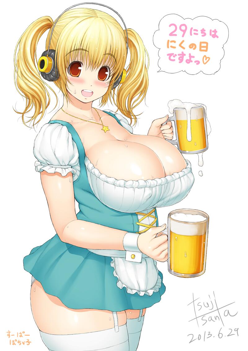 1girl alcohol apron barmaid beer beer_mug blonde_hair blush breasts cleavage corset covered_nipples cowboy_shot cross-laced_clothes cup dated dirndl dress drink dual_wielding erect_nipples frills from_side garter_straps german_clothes gigantic_breasts headphones heart huge_breasts jewelry jpeg_artifacts lace lace-trimmed_panties long_hair looking_at_viewer mug necklace nitroplus official_art oktoberfest open_mouth orange_eyes panties pleated_dress plump short_dress short_hair short_sleeves short_twintails side signature simple_background smile solo speech_bubble spoken_heart standing star star_necklace super_pochaco sweat thick_thighs thighhighs thighs traditional_clothes translated tsuji_santa twin_tails twintails underbust underwear waist_apron waitress white_background white_legwear white_panties wrist_cuffs