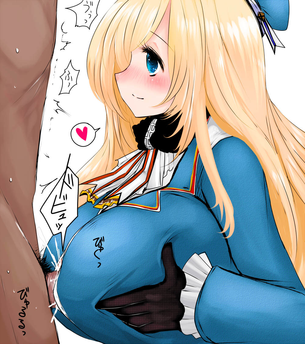 1girl atago_(kantai_collection) blonde_hair blue_eyes blush breasts censored clothed_female_nude_male cum gloves han_(jackpot) hat heart huge_breasts kantai_collection long_hair military military_uniform nipples nude paizuri penis perpendicular_paizuri smile solo_focus spoken_heart uncensored uniform
