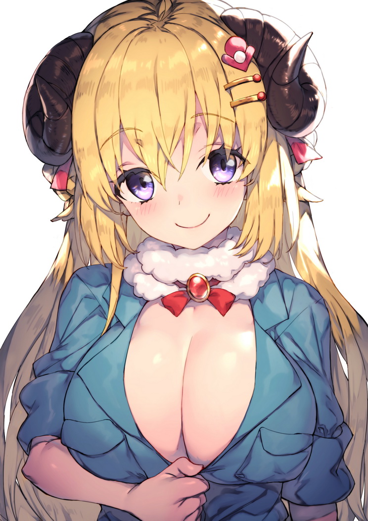 1girl bangs big_breasts blonde blue_shirt blush breasts brooch cleavage closed_mouth curled_horns eyebrows_visible_through_hair hair_ornament hololive horns jewelry kuso_miso_technique long_hair looking_at_viewer parody purple_eyes redcomet revision sheep_girl sheep_horns shirt simple_background sleeves_rolled_up smile tsunomaki_watame upper_body virtual_youtuber white_background wool yaranaika