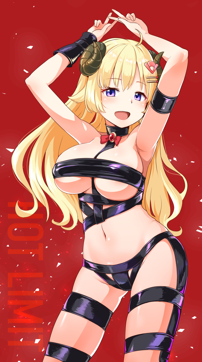 1girl :d ahoge armband armpits arms_up bare_shoulders big_breasts blonde breasts brooch choker cleavage contrapposto cowboy_shot curled_horns double_v hair_ornament hairclip high_resolution hololive horns hot_limit jewelry latex long_hair looking_at_viewer navel open_mouth purple_eyes red_background revealing_clothes showing_armpits skindentation smile standing stomach t.m.revolution tsunomaki_watame v virtual_youtuber zaxwu