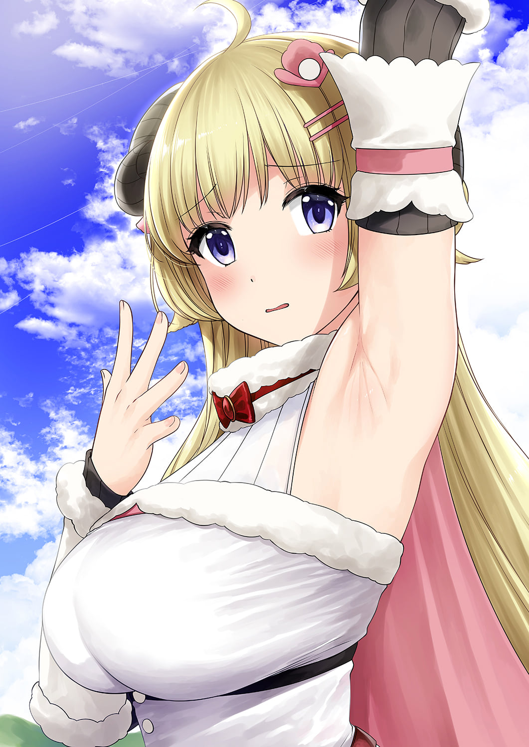 1girl 1girl ahoge armpits bangs belt big_breasts blonde blue_eyes blush breasts buttons cape curled_horns detached_sleeves dress embarrassed eyebrows_visible_through_hair eyelashes fingernails fur-trimmed_dress fur_trim hair_ornament hands_up high_resolution hololive horns long_hair one_arm_up ribbon sheep_girl sheep_horns sky tsunomaki_watame virtual_youtuber wavy_mouth white_dress xtermination