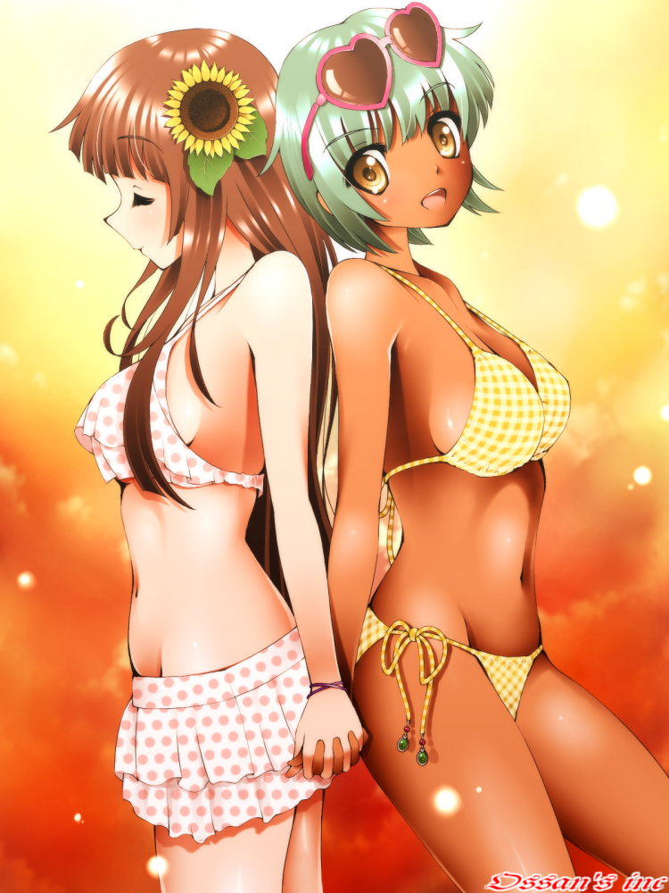 2girls :d art back-to-back bangs bare_shoulders big_breasts bikini breasts brown_eyes brown_hair closed_eyes dark_skin dr_rex flower frilled_swimsuit frills green_hair hair hair_flower hair_ornament hand_holding hime_cut interlocked_fingers interracial large_breasts light_particles long_hair looking_at_viewer love midriff multiple_girls mutual_yuri navel open_mouth original polka_dot polka_dot_swimsuit profile short_hair sideboob smile sunflower sunglasses sunglasses_on_head swimsuit yuri